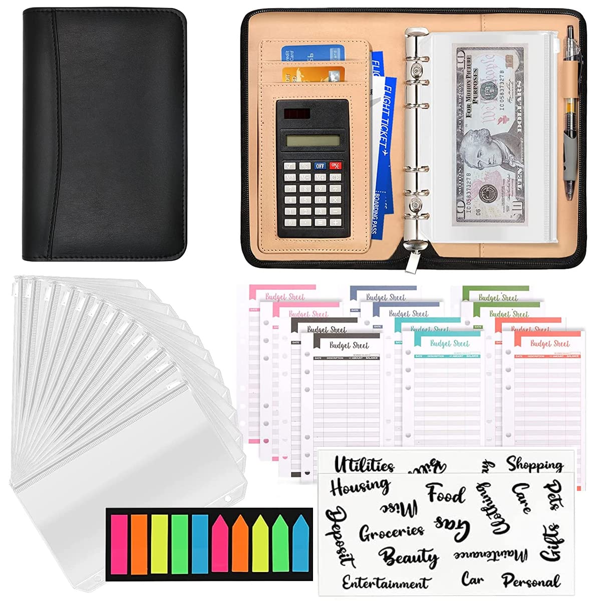 HASTHIP Leather File Folder for Documents Ring Binder Notebook Set, A6 Binder Clip Budget Notebook with Budget Sheet, Transparent Envelopes, Calculator, Cash Pocket, Multilayer A6 Notebook Folder HASTHIP Leather File Folder for Documents Ring Binder Notebook Set, A6 Binder Clip Budget Notebook with Budget Sheet, Transparent Envelopes, Calculator, Cash Pocket, Multilayer A6 Notebook Folder